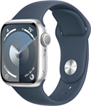 Apple Watch Series 9 41 мм (алюминиевый корпус, серебристый/грозовой синий, спортивный силиконовый ремешок S/M)
