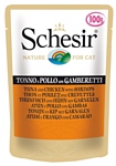 Schesir (0.1 кг) 6 шт. Кусочки в желе. Тунец и курица с креветками. Влажный корм для кошек