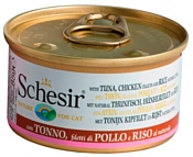 Schesir (0.085 кг) 1 шт. Кусочки в собственном соку. Тунец и куриное филе с рисом. Консервы для кошек