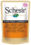 Schesir (0.1 кг) 1 шт. Кусочки в желе. Тунец и курица с креветками. Влажный корм для кошек