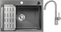 Кухонная мойка Saniteco 6045 Nano + Spike F9S07011 (сатин, с сифоном, дозатором и коландером)