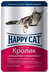 Happy Cat (0.1 кг) 24 шт. Кусочки в соусе. Кролик и индейка с морковью