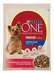 Purina ONE (0.1 кг) 24 шт. МИНИ Взрослая с Говядиной, картофелем и горохом в подливе