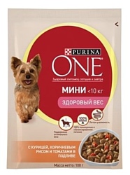 Purina ONE (0.1 кг) 24 шт. МИНИ Здоровый вес с Курицей, коричневым рисом и томатами в подливе