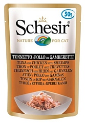 Schesir (0.05 кг) 1 шт. Кусочки в желе. Тунец и курица с креветками. Влажный корм для кошек