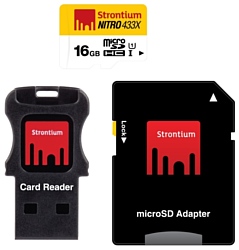 Strontium NITRO microSDHC Class 10 UHS-I U1 433X 16GB + SD adapter & USB Card Reader