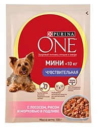 Purina ONE (0.1 кг) 20 шт. МИНИ Чувствительная с Лососем, рисом и морковью в подливе