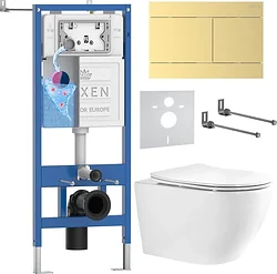 Унитаз Roxen Antares Tornado Long в комплекте с инсталляцией StounFix Dual Fresh 6 в 1 868465 (кнопка: брашированное золото матовая)