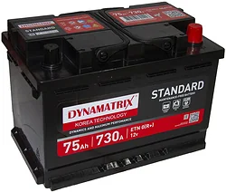 Автомобильный аккумулятор Dynamatrix Standard R+ 730A (75Ah) Автомобильный аккумулятор Dynamatrix Standard R+ 730A (75Ah)