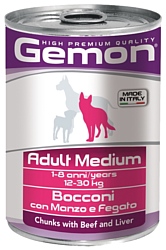 Gemon Кусочки с говядиной и печенью. Консервы для собак средних пород (0.415 кг) 12 шт.