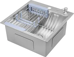 Кухонная мойка Saniteco 4848 (с сифоном, дозатором и коландером)