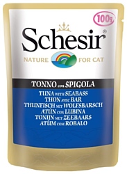 Schesir (0.1 кг) 1 шт. Кусочки в желе. Тунец с морским окунем. Влажный корм для кошек