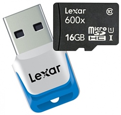Lexar microSDHC Class 10 UHS Class 1 600x 16GB + USB 3.0 reader