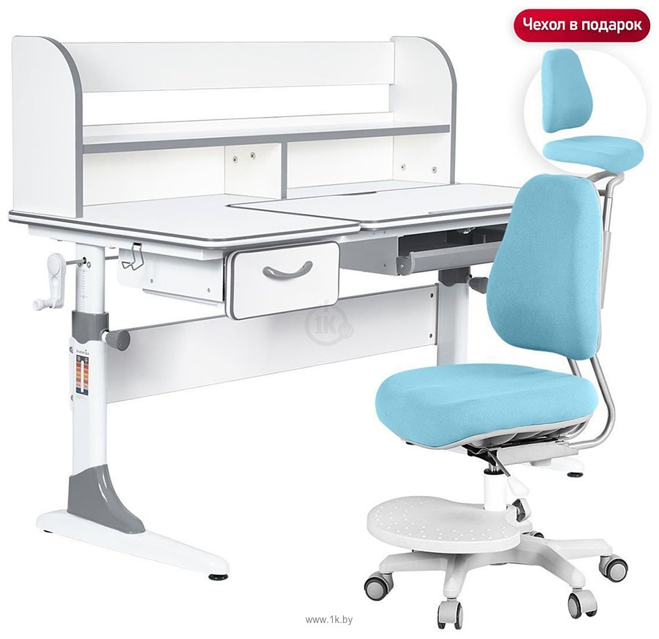 Фотографии Anatomica Study-120 Lux + надстройка + органайзер + ящик со светло-голубым креслом Ragenta (белый/серый)