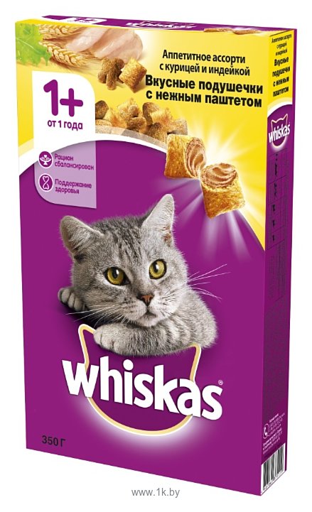 Фотографии Whiskas Вкусные подушечки с паштетом. Аппетитное ассорти с курицей и индейкой для взрослых кошек (5 кг)