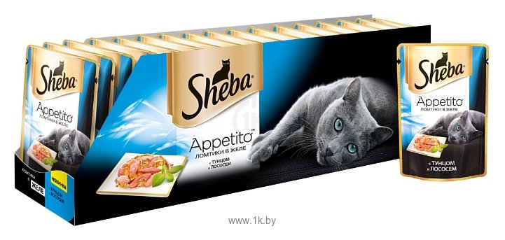 Фотографии Sheba (0.085 кг) 48 шт. Appetito ломтики в желе с тунцом и лососем