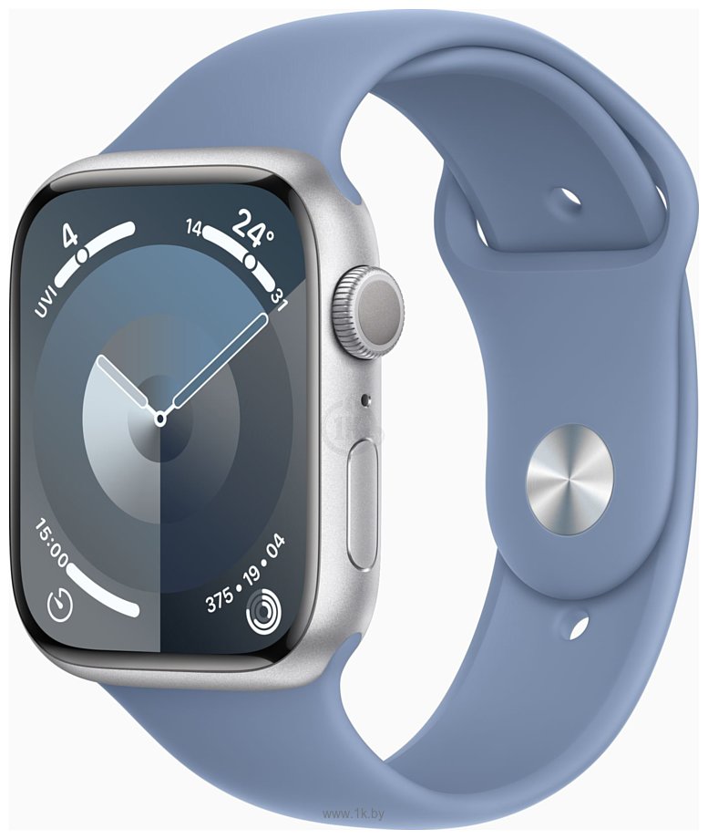 Фотографии Apple Watch Series 9 45 мм (алюминиевый корпус, серебристый/зимний синий, спортивный силиконовый ремешок S/M)