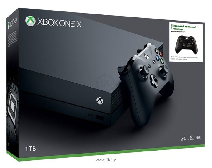 Фотографии Microsoft Xbox One X 1 ТБ с двумя геймпадами