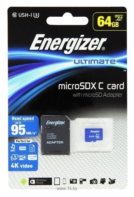 Фотографии Energizer microSDXC Class 10 UHS-I U3 95MB/s 64GB + SD adapter