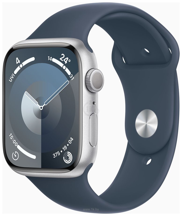 Фотографии Apple Watch Series 9 45 мм (алюминиевый корпус, серебристый/грозовой синий, спортивный силиконовый ремешок M/L)