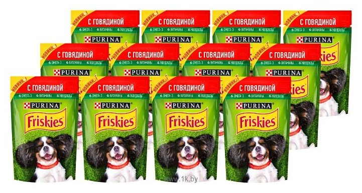 Фотографии Friskies (0.085 кг) 24 шт. консервированный полнорационный для взрослых собак, кусочки с говядиной в подливе