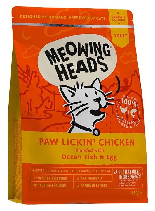 Фотографии Meowing Heads Paw Lickin' Chicken для взрослых кошек, с океанической рыбой и яйцом (0.45 кг)