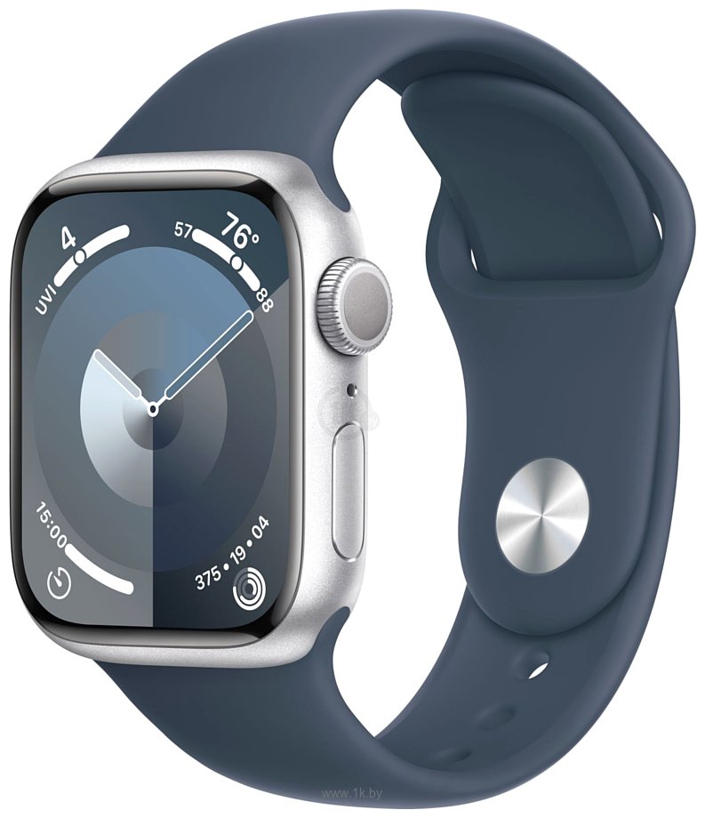 Фотографии Apple Watch Series 9 41 мм (алюминиевый корпус, серебристый/грозовой синий, спортивный силиконовый ремешок S/M)