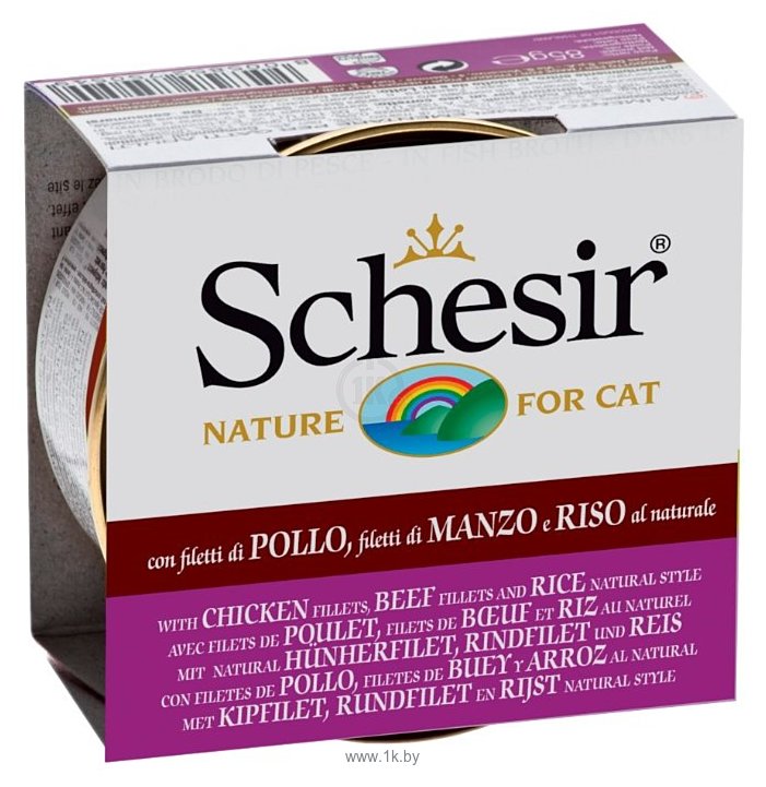 Фотографии Schesir (0.085 кг) 1 шт. Кусочки в собственном соку. Натуральное говяжье филе и куриное филе с рисом. Консервы для кошек
