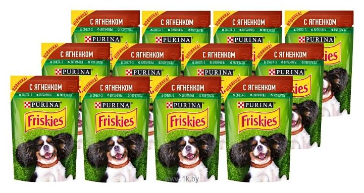 Фотографии Friskies (0.085 кг) 24 шт. консервированный полнорационный для взрослых собак, кусочки с ягненком в подливе