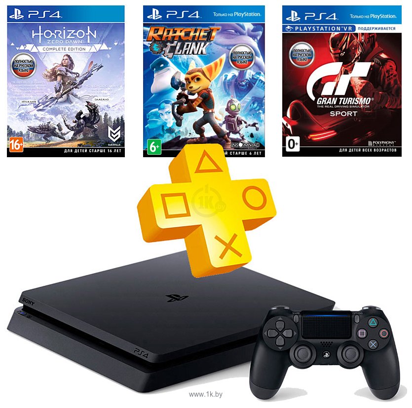 Фотографии Sony PlayStation 4 Slim 1TB + Gran Turismo Sport + Ratchet & Clank + Horizon: Zero Dawn + PS Plus