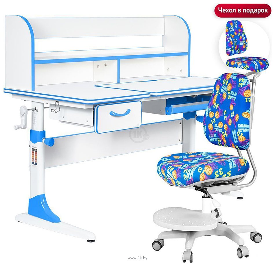 Фотографии Anatomica Study-120 Lux + надстройка + органайзер + ящик с синим креслом Ragenta с мячами (белый/голубой)