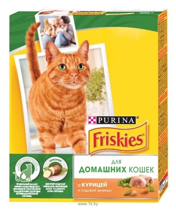 Фотографии Friskies Для домашних кошек с курицей и садовой зеленью (0.3 кг)