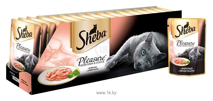 Фотографии Sheba Pleasure ломтики в соусе с форелью и креветками (0.085 кг) 24 шт.