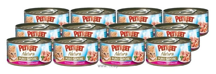 Фотографии Petreet (0.07 кг) 12 шт. Puro Sapore Кусочки тунца с креветками в рыбном супе