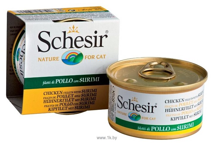 Фотографии Schesir (0.085 кг) 1 шт. Кусочки в желе. Куриное филе с сурими. Консервы для кошек