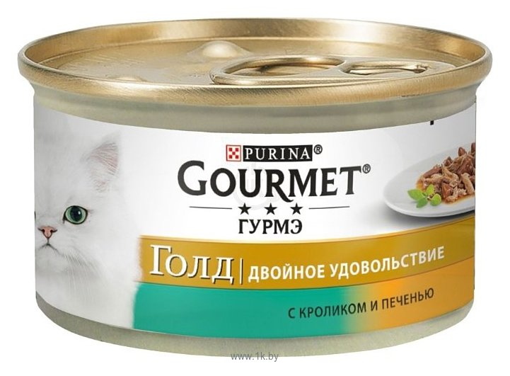 Фотографии Gourmet (0.085 кг) 24 шт. Gold Кусочки в подливке "Двойное удовольствие" с кроликом и печенью