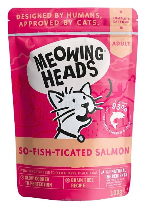 Фотографии Meowing Heads (0.1 кг) Паучи So-fish-ticated Salmon для взрослых кошек, лосось и курица