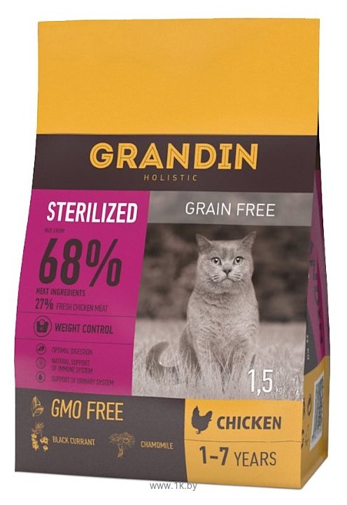 Фотографии Grandin Sterilized с курицей для стерилизованных кошек и кастрированных котов в возрасте от 1 года до 7 лет (1.5 кг)