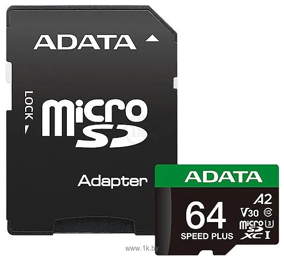 Фотографии ADATA SPEED PLUS microSDXC 64GB UD64GUI3V30A2SP-RA1 (с адаптером)