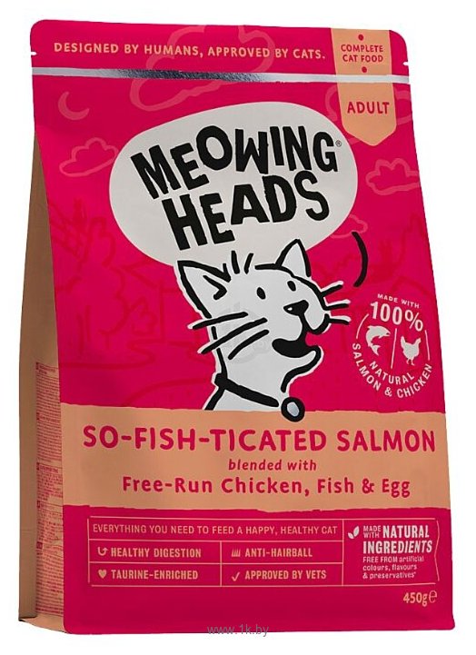 Фотографии Meowing Heads (0.45 кг) So-fish-ticated Salmon для взрослых кошек, с курицей, рыбой и яйцом
