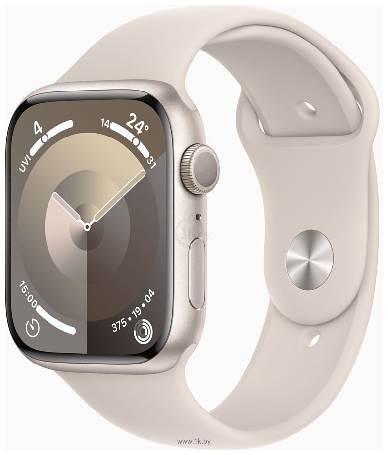 Фотографии Apple Watch Series 9 45 мм (алюминиевый корпус, звездный свет/звездный свет, спортивный силиконовый ремешок S/M)