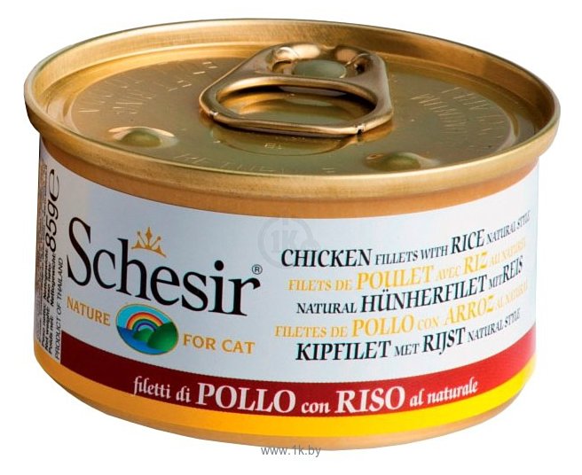 Фотографии Schesir (0.085 кг) Кусочки в собственном соку. Куриное филе натуральное с рисом. Консервы для кошек
