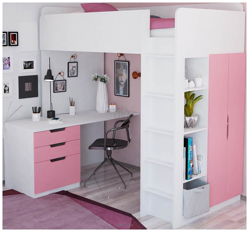 Фотографии Polini Kids Simple с письменным столом и шкафом (белый/розовый)