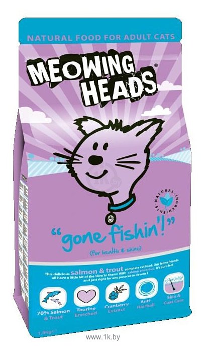 Фотографии Meowing Heads Для взрослых кошек с лососем, курицей и яйцом. Удачная рыбалка (1.5 кг)