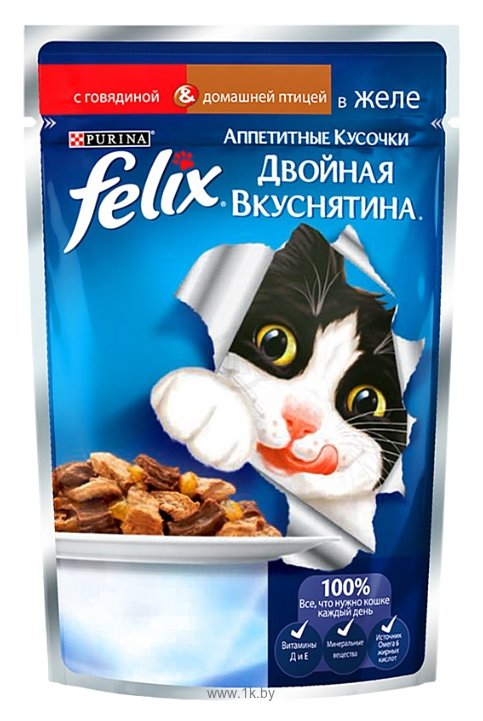 Фотографии Felix (0.1 кг) 1 шт. Аппетитные кусочки Двойная вкуснятина с Говядиной и домашней птицей в желе