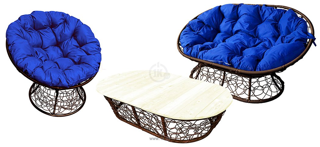 Фотографии M-Group Мамасан, Папасан и стол 12140210 (коричневый ротанг/синяя подушка)