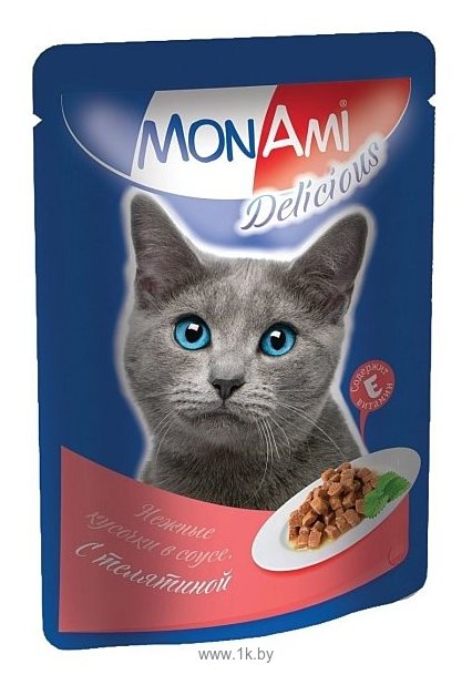 Фотографии MonAmi (0.085 кг) 1 шт. Кусочки в соусе для кошек Телятина