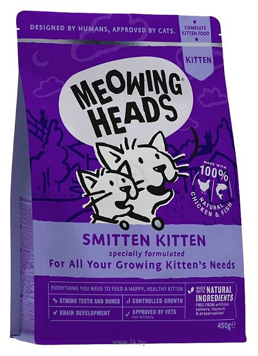 Фотографии Meowing Heads (0.45 кг) Smitten Kitten для котят с курицей, рыбой и рисом