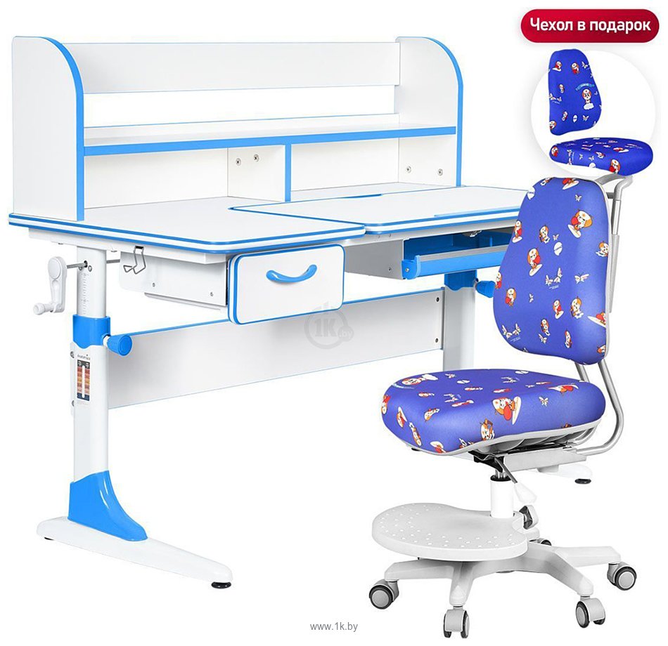 Фотографии Anatomica Study-120 Lux + надстройка + органайзер + ящик с синим креслом Ragenta с роботами (белый/голубой)