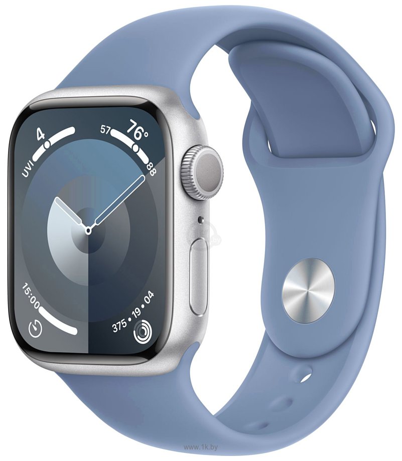 Фотографии Apple Watch Series 9 41 мм (алюминиевый корпус, серебристый/зимний синий, спортивный силиконовый ремешок S/M)